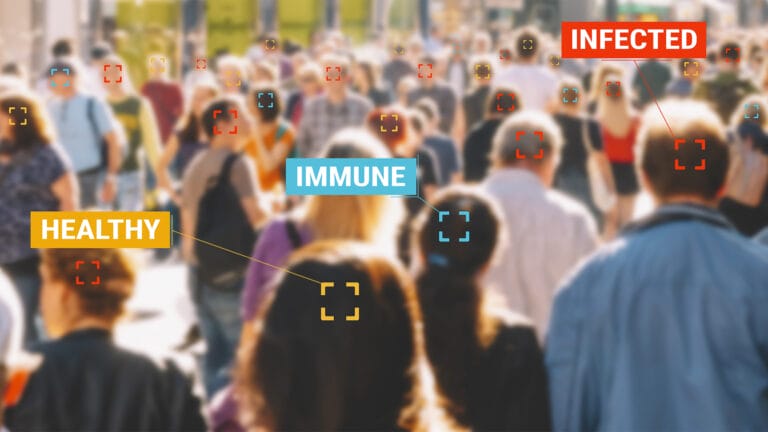 image of a crowd of people with a tracking system over the top showing if someone is 'infected' or 'healthy' or 'immune'