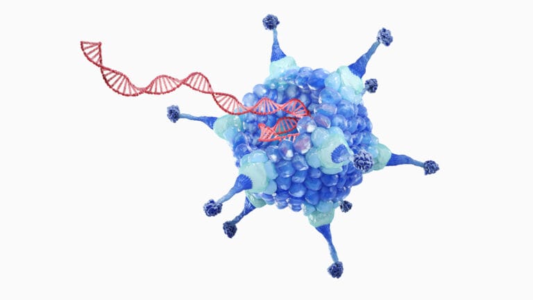 DNA strand entering and leaving a blue coloured virus.