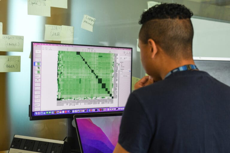 Picture of someone looking at a computer looking at a post-sequence