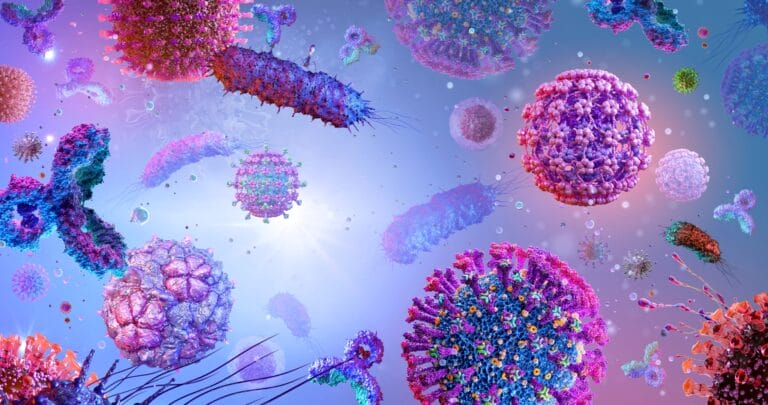 Colourful 3D background of lots of different viruses such as Covid-19 and influenza.