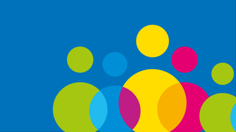 Graphic of 5 people composed of two circles each, in multiple colours.