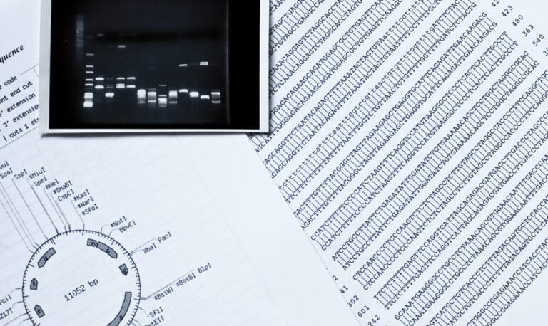 Image showing a piece of paper with a DNA sequence written on it, an electrophoresis photo and a restriction map.