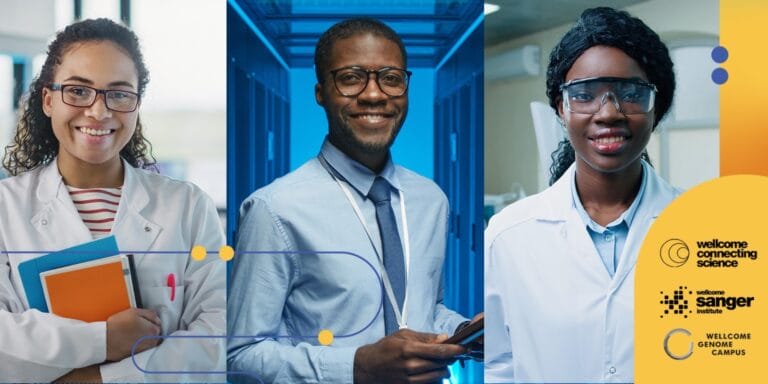 Three images, one of a woman wearing a lab coat in a lab, one of a man in a suit inside a data center and one of a woman in a lab coat wearing safety glasses.
